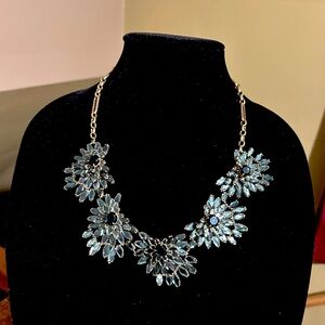 J Crew Blue and Gold Rhinestone Floral Chunky Statement Necklace